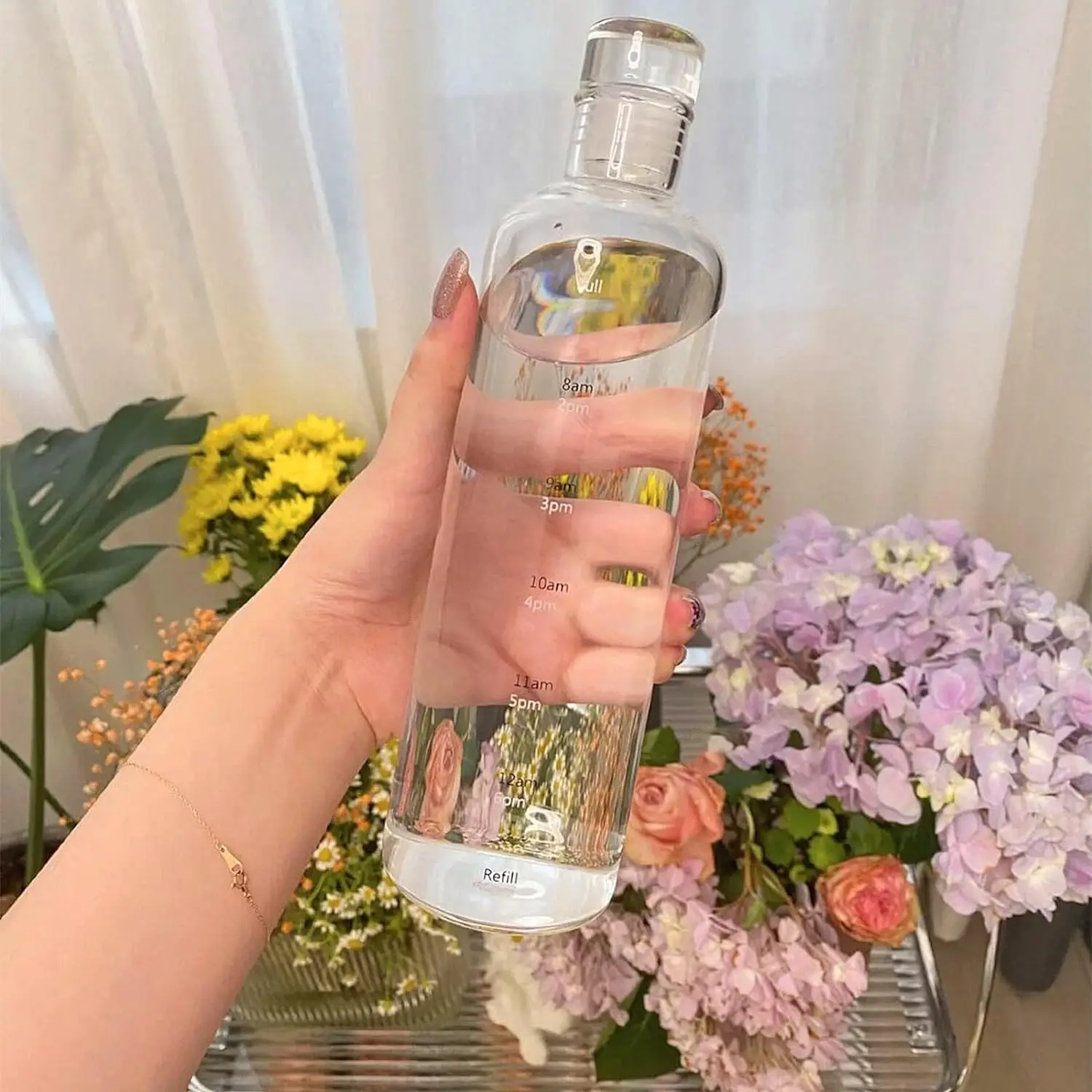 Promotional Gift High Value Unisex New Large-capacity Gradient Glass Water Bottle with Time Scale Glass Plug Lids Leak Proof