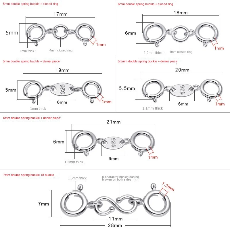 S925 Sterling Silver Double Buckle Bracelet Necklace Extension 5mm Long Spring Buckle Connecting DIY Accessories Both Sides