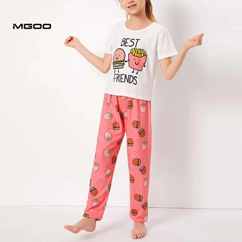 
MGOO Customized Kids Pajama Set Girls Fries And Letter Graphic Pants Pyjama Set Best Friends Sleepwear 