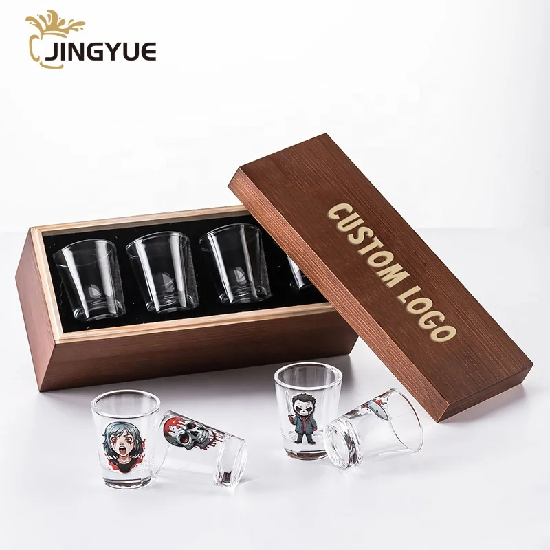 4 Pack Custom Logo Personalized Sublimation Frosted Mini Tequila Tumbler Shot Glasses Set in Wood Box for Wedding Souvenir Gift