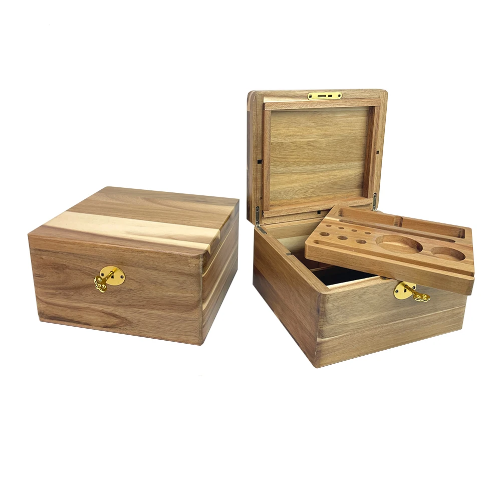 Exquisite Acacia Wood Stash Box With Rolling Tray Two-layer Lockable Wood Storage Stash Box