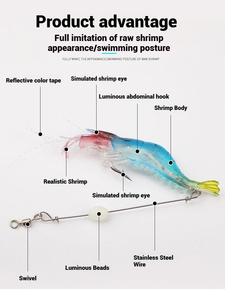 New Products Sell Well Simulated Soft Shrimp with Hook and Linker Night Glow Bait Fishing Gear Manufacturers Produce Wholesale