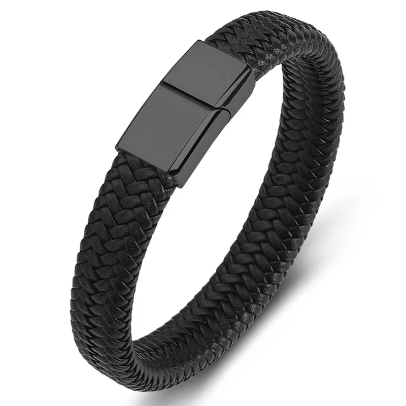 Hot Sale Punk Black Gun Plated Stainless Steel Magnetic Clasp Synthetic Leather Braided Fine Jewelry Bracelets Bangles