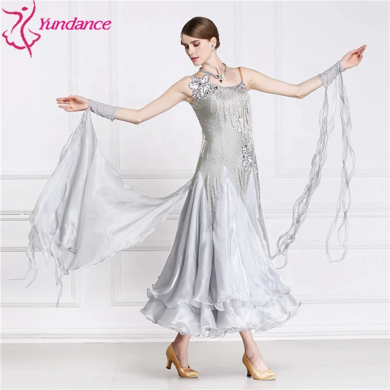 B-15110 High Quality Rhinestones Ballroom Dance Dress Adult Lyrical Gray Modern Dance Costume Dress For Competition