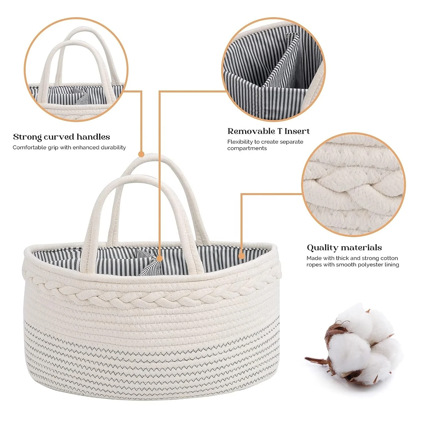 Wholesale Diaper Caddy Woven Basket Changing Table Baby Cotton Rope Basket Portable Storage Basket with Removable Divider