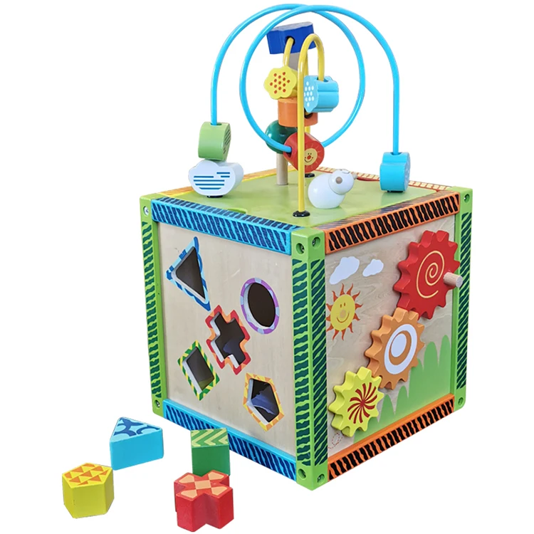 New 2024  Multi-Function Wooden Activity Cube Bead Maze Toys Educational Shape Match Bead Maze Box For Children