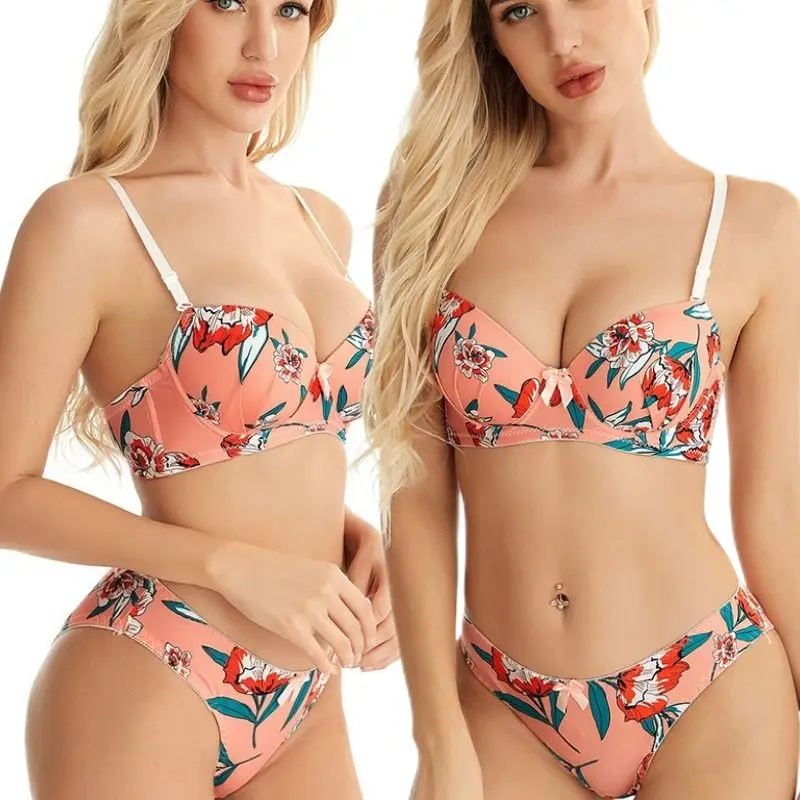 Good Quality Best Seller Flower Pattern Underwire Underwear Custom Cute Push Up Breast Bra And Panty Nighty Set For Women