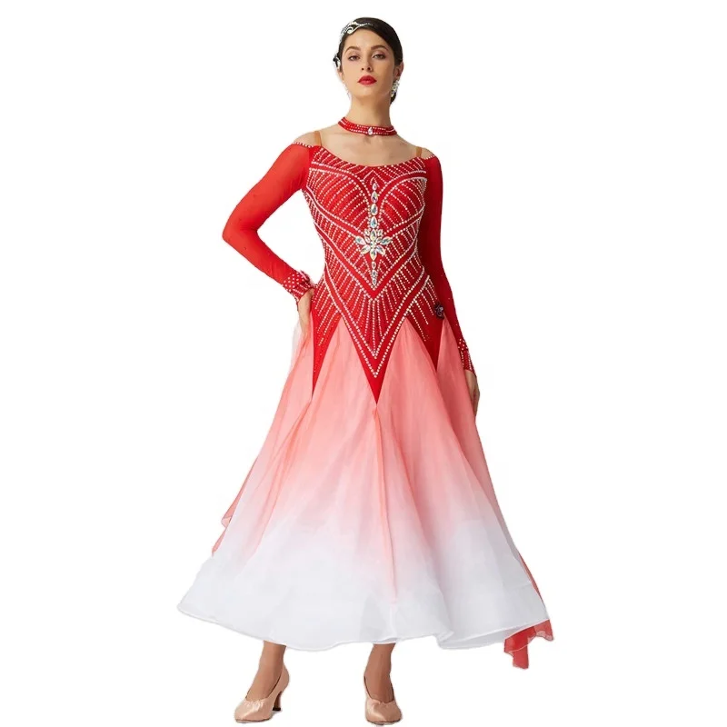 B-2020 New Standard Ballroom Dance Dress Women Girls Competition Costume Lycra Waltz Stage Long Sleeve Smooth Dance Dress In Red
