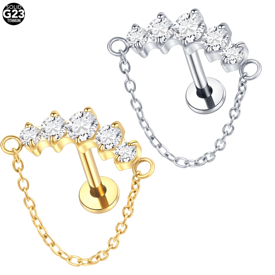 Golden Silvery Earring ASTM F136 Internally Threaded Titanium Polished CZ With Dangle Chain Top Piercing Jewelry Ear Stud
