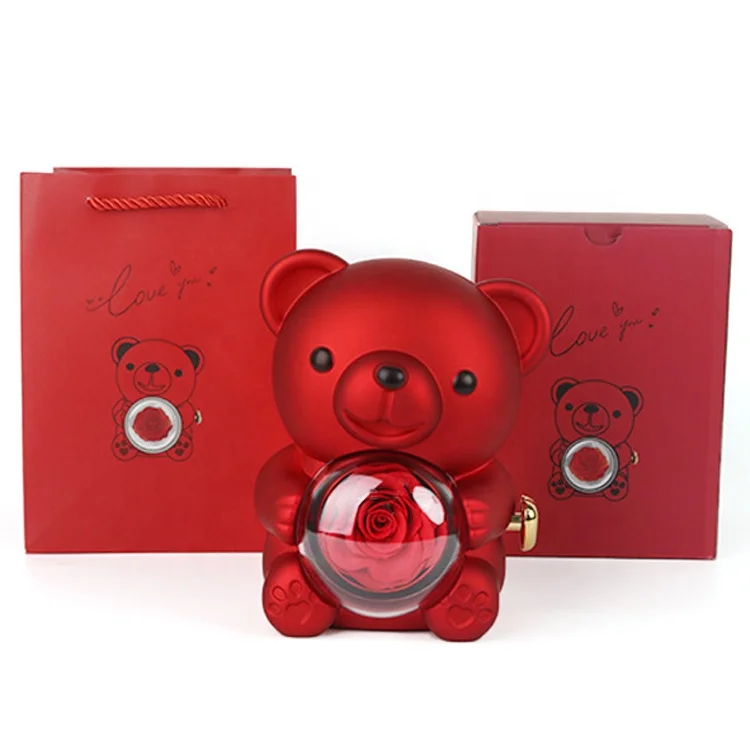Mothers Day Gifts Cute Rose Bear Jewelry Box Luxury Rotating Bear Jewelry Box