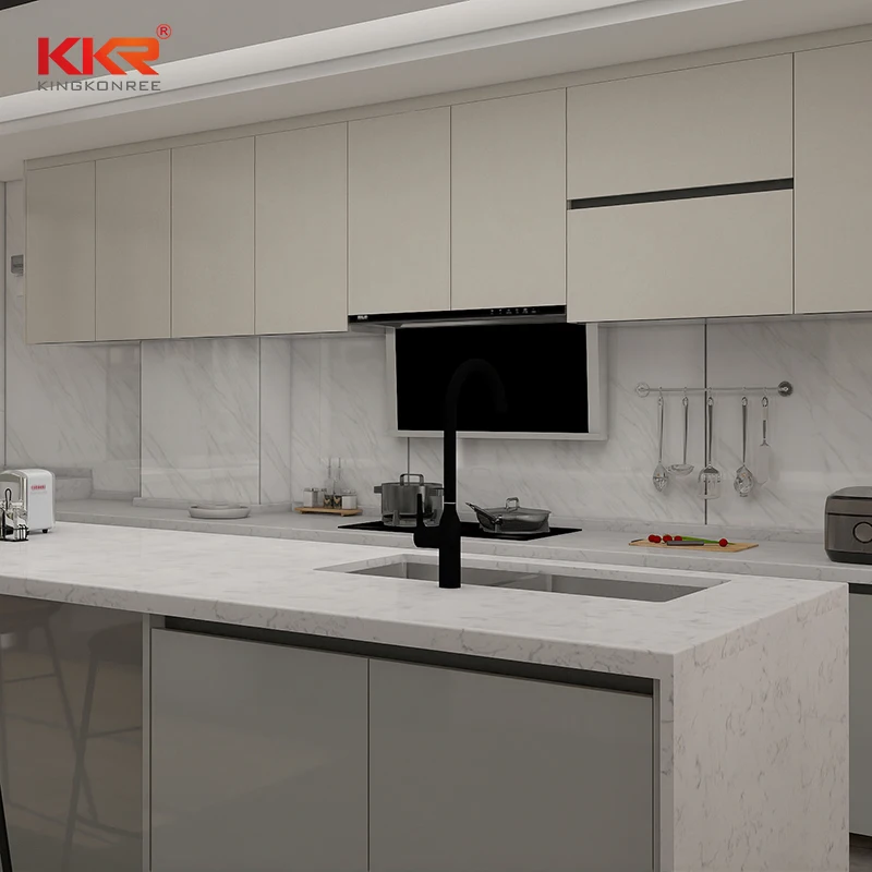 OEM modern artificial marble Carrara white acrylic solid surface waterfall kitchen counter tops island