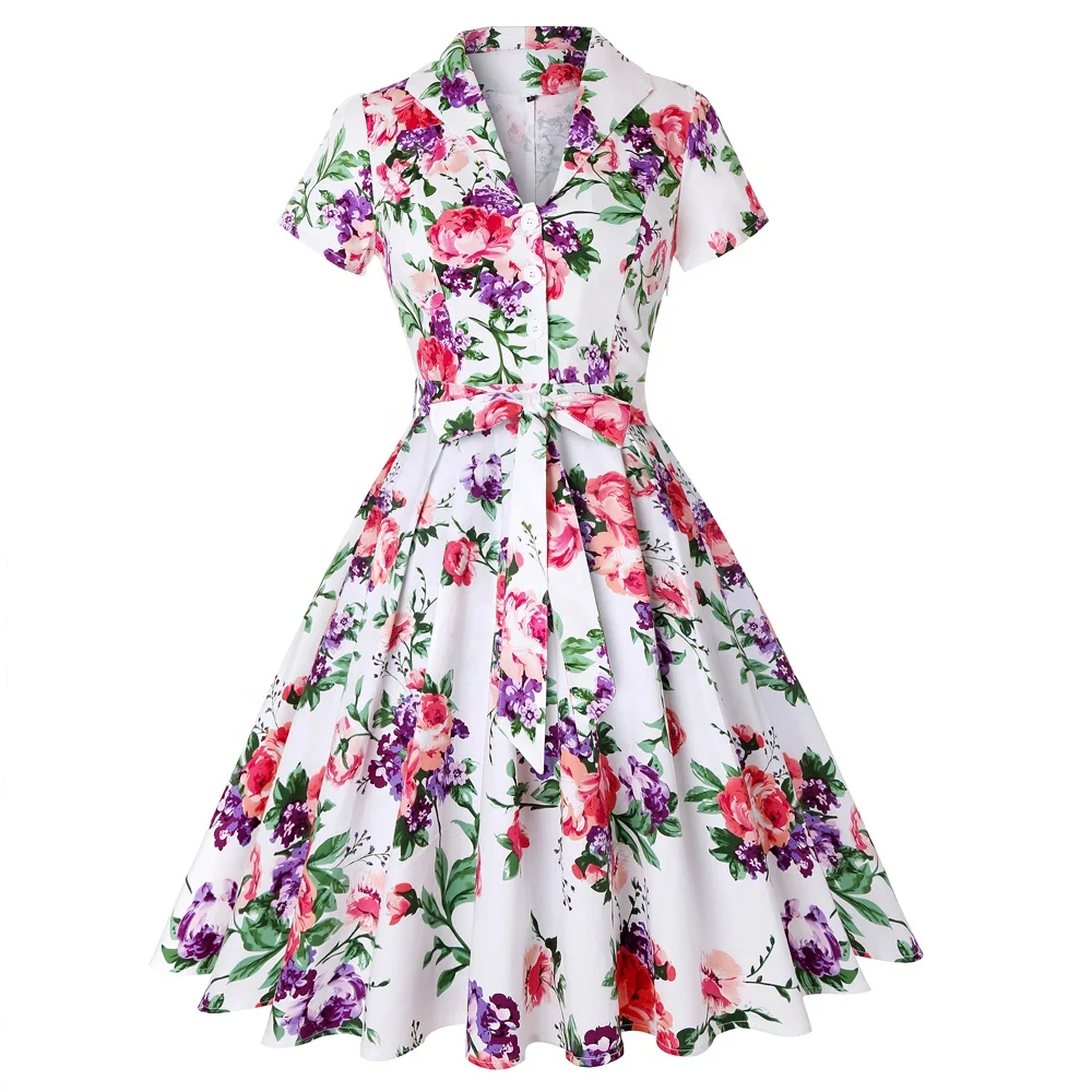 Plus Size White Retro Vintage Rockabilly Dress SD0002 Large Swing Elegant Short Sleeve Tunic Women Cotton Summer Dress