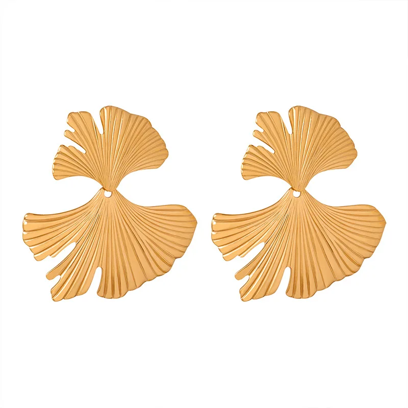 Vershal VSA-65 Stainless Steel 18K Gold Plated Ginkgo Leaf Shape Double Side Earrings Vintage Unique Design Earrings