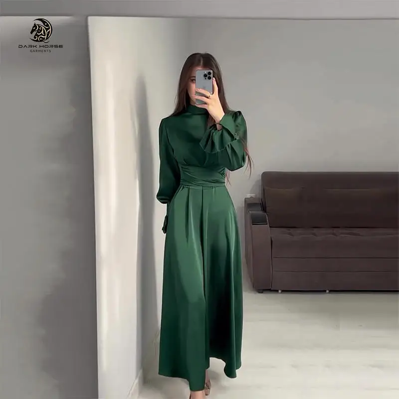 2024 Wholesale Ramadan Turkish Green Abaya Muslim Dress Women Kaftan Dubai Islamic Clothing Modest Evening Dress Satin Abaya