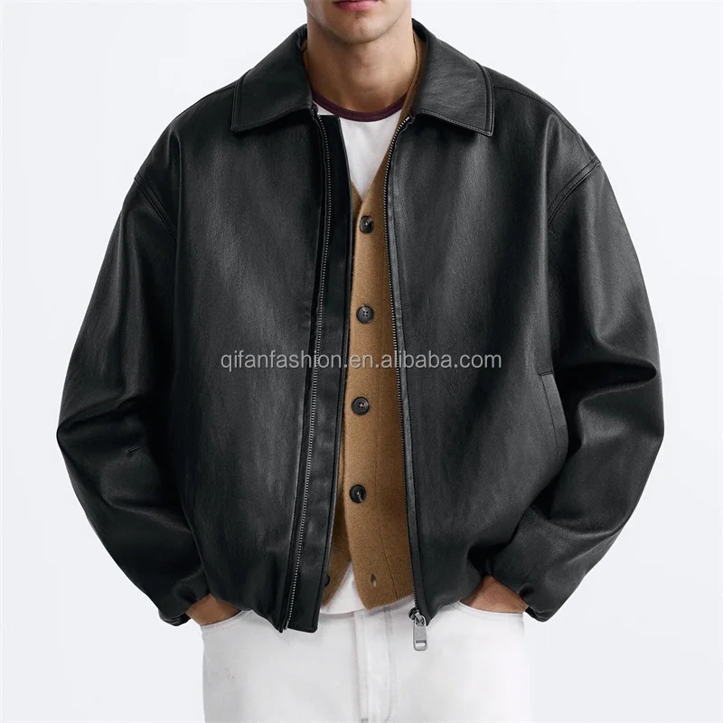 Custom shirt collar blank plain black windproof leather jacket for men