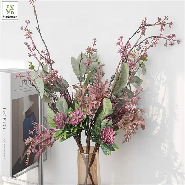 Wholesale Hot Sale Artificial Herbal Leaves Stem Branch Plastic Leaves Green Foliage For Flower Arranging Frosted