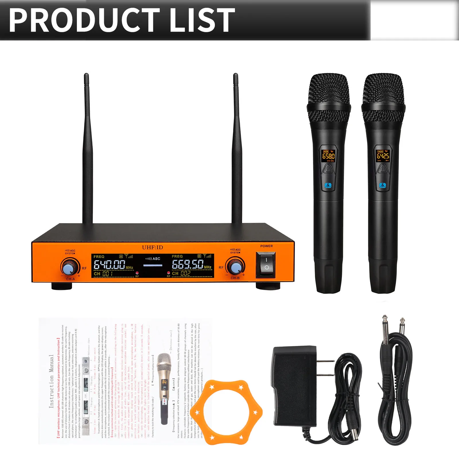 UHF Professional Cordless Handheld Microphone Dual Channels Wireless Microphone Mic for  Karaoke