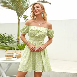 Dropshipping Double Crazy Stock Woman Jersey Dress Puff Sleeve Ruffle Trim Shirred Elegant Waist Floral Dress