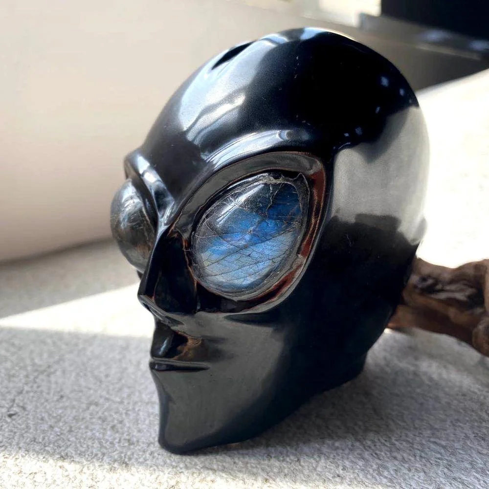 Wholesale natural crystal skull folk crafts art sculpture healing crystal carved black obsidian alien skull for decoration