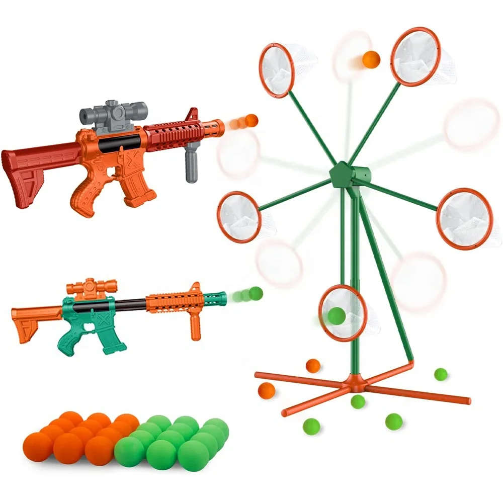 Kids outdoor large rotatable moving windmill shooting target game with 24 foam balls and 2 popper air gun toy shooting practice
