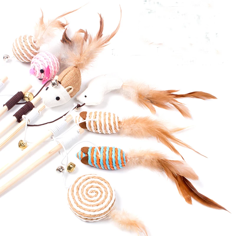 Wooden Kitten Cat Toy Mouse On A Rod Teaser Bell Feather Play Pet Fish Bird Wand