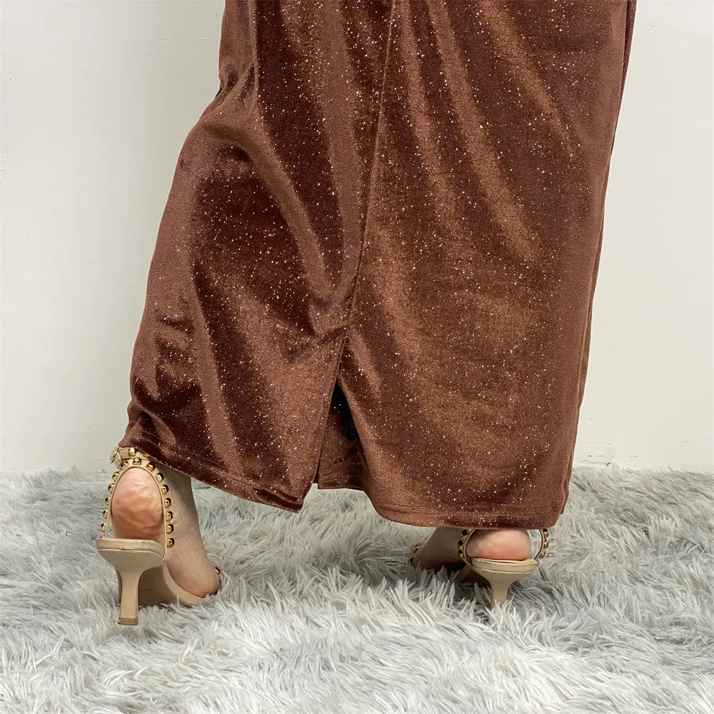 Hot Selling Velvet Flared Trumpet Sleeve Pure Color Shiny Muslim Party Dresses Simple And Elegant Thickened Glitter Abaya dubai