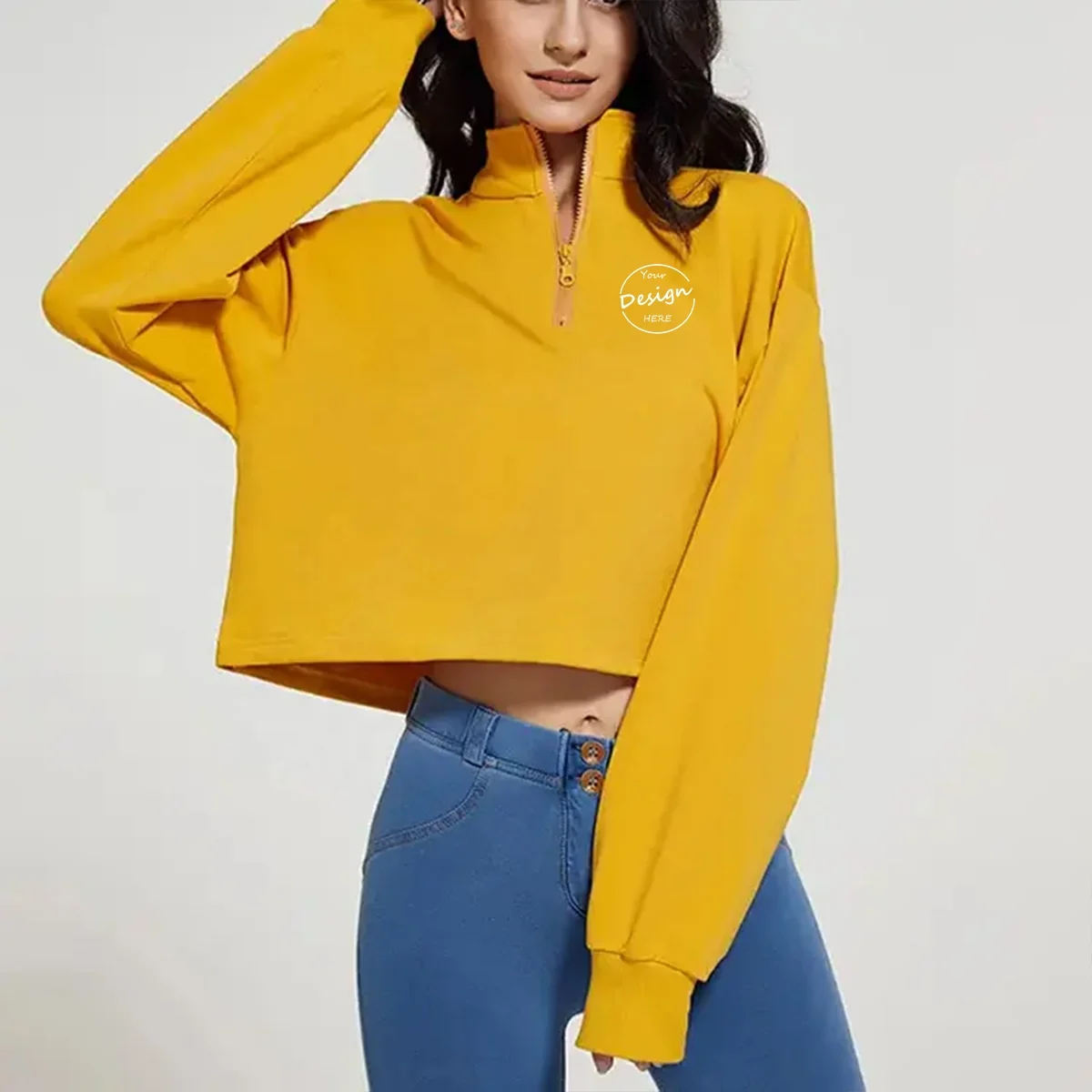 Quarter Zip Long Sleeve Solid Colour Sport Pullover Hoodies Women Organic Cotton Korean Style Sweatshirt