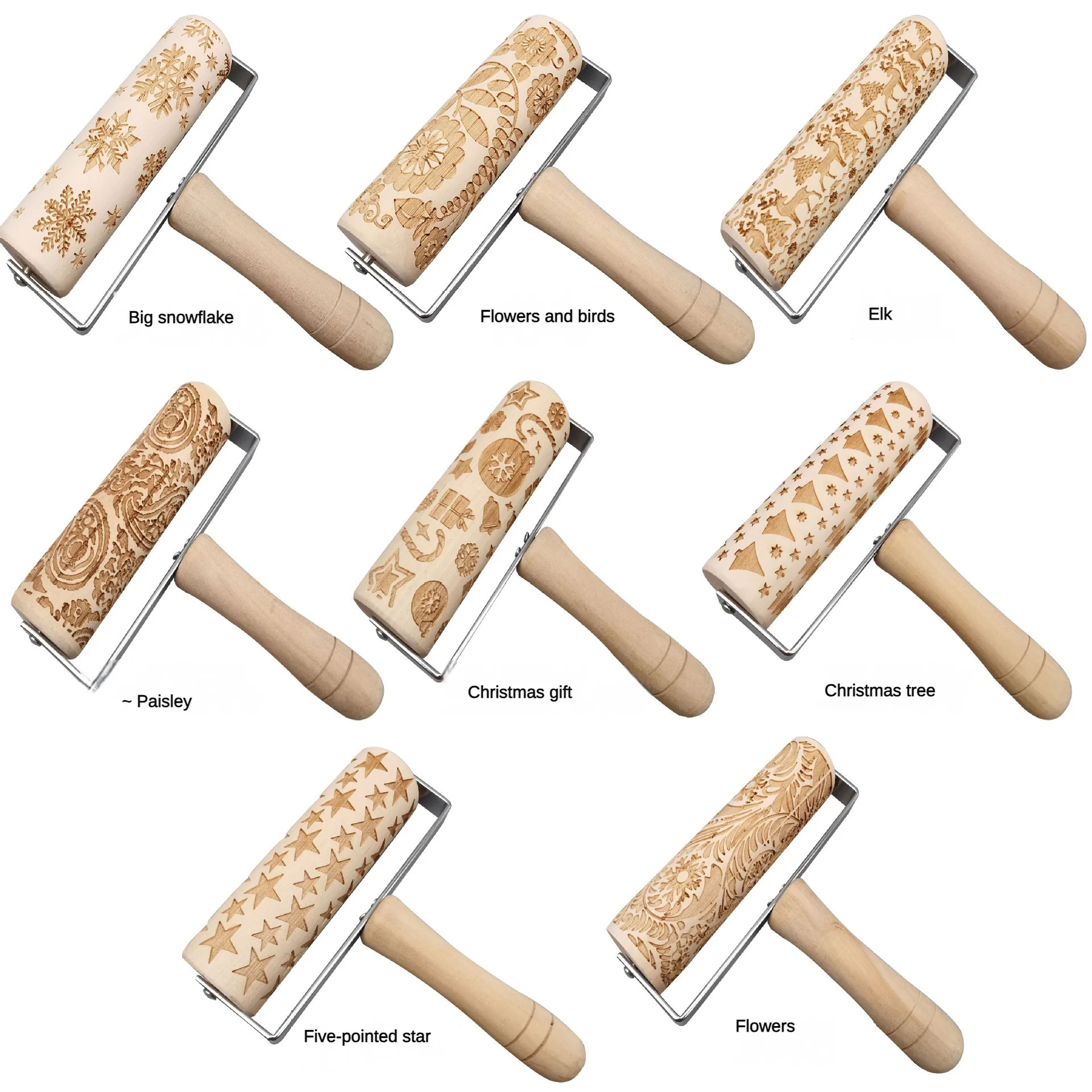 Custom Wholesale Wooden Embossed Rolling Pin  Rolling Pin With Pattern Kids Wooden Rolling Pin Christmas Kitchen Accessories