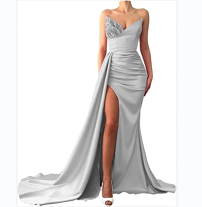 2023 latest design off shoulder diamond v neck backless sexy evening dress high slit front warp hip satin women party dresses