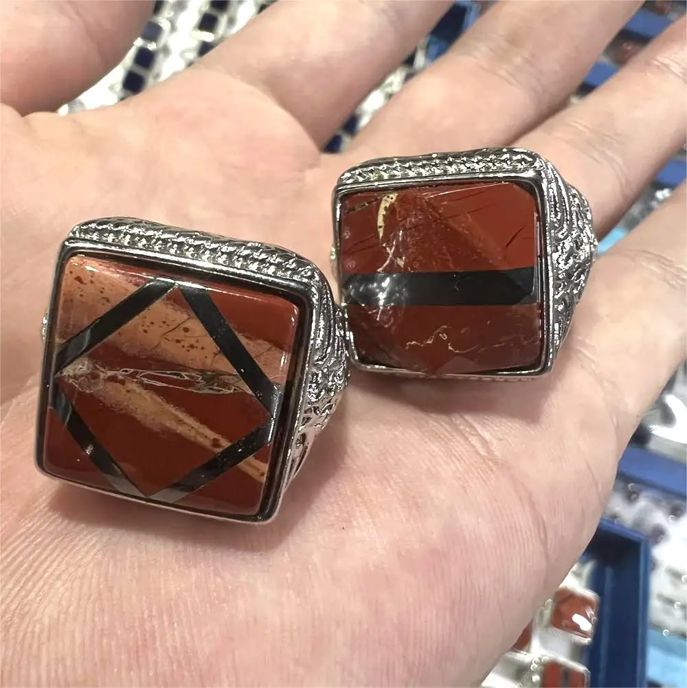 Factory Price Cheap Stone Men Rings Red Jasper Splicing Black Agate Ring Silver Color Copper Rings Jewelry Gift Stall Good