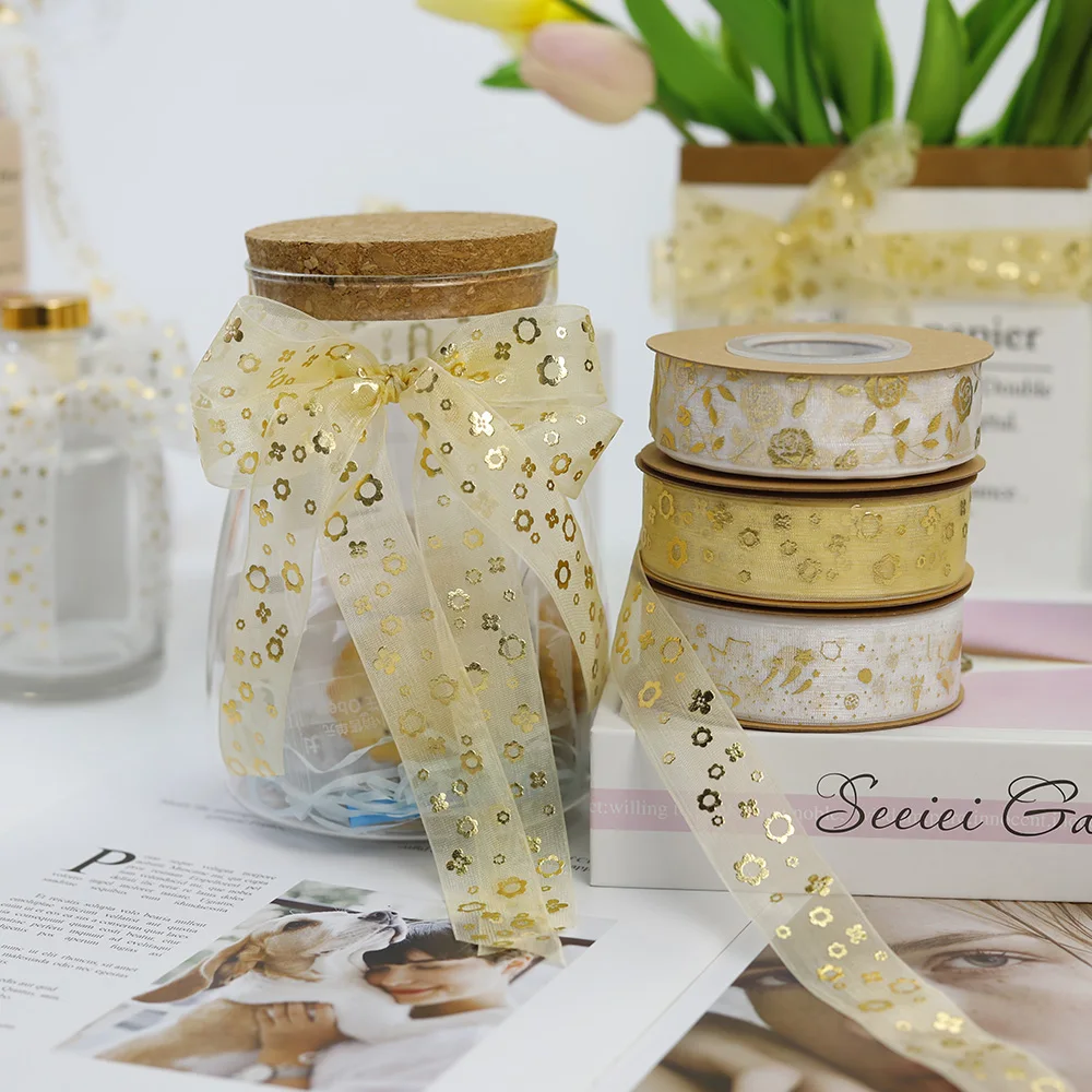 Factory wholesale sheer ribbons 3d gold foiled print embroidered custom logo lace printed organza ribbon roll
