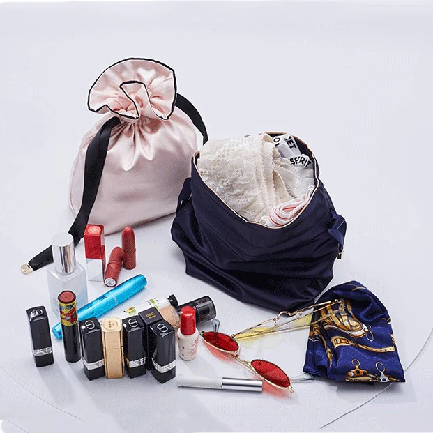 Customized logo Silk Drawstring Cosmetic bag OEM Satin Make up Pouch Satin Drawstring Cosmetic Bags
