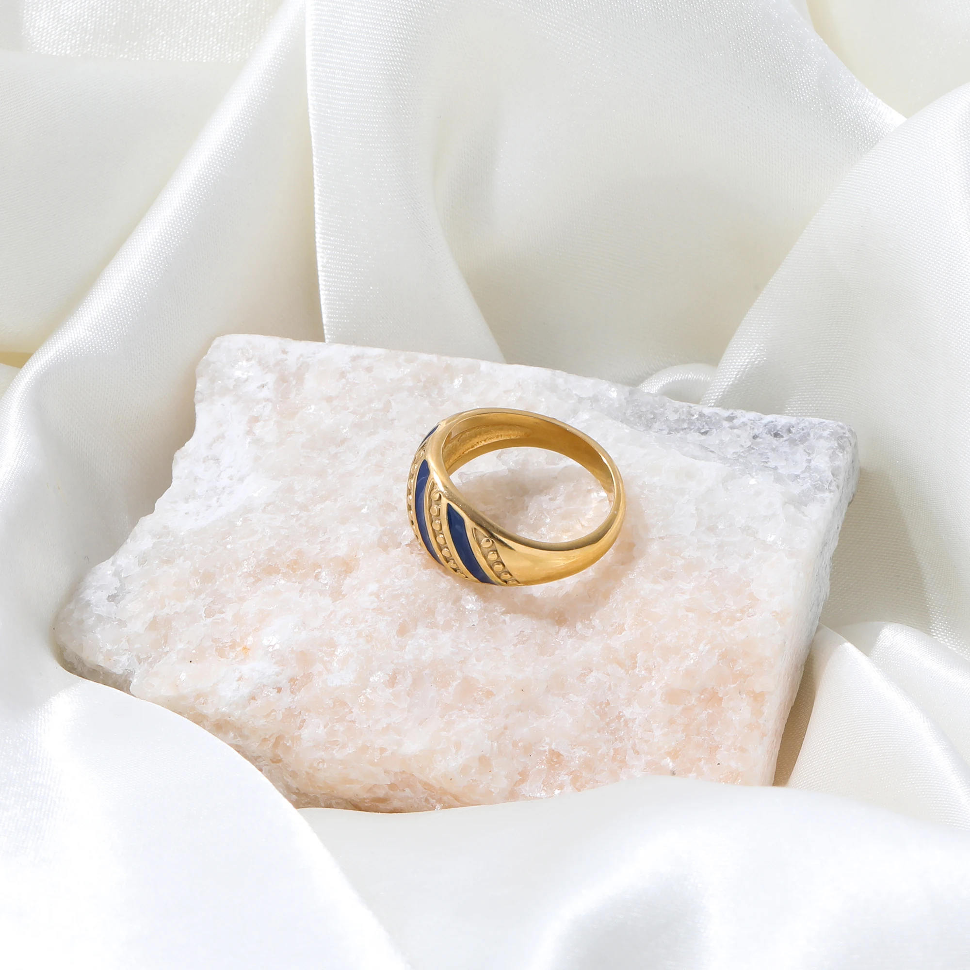 High End 18K PVD Gold Plated Navy Blue Enamel Rings for Women