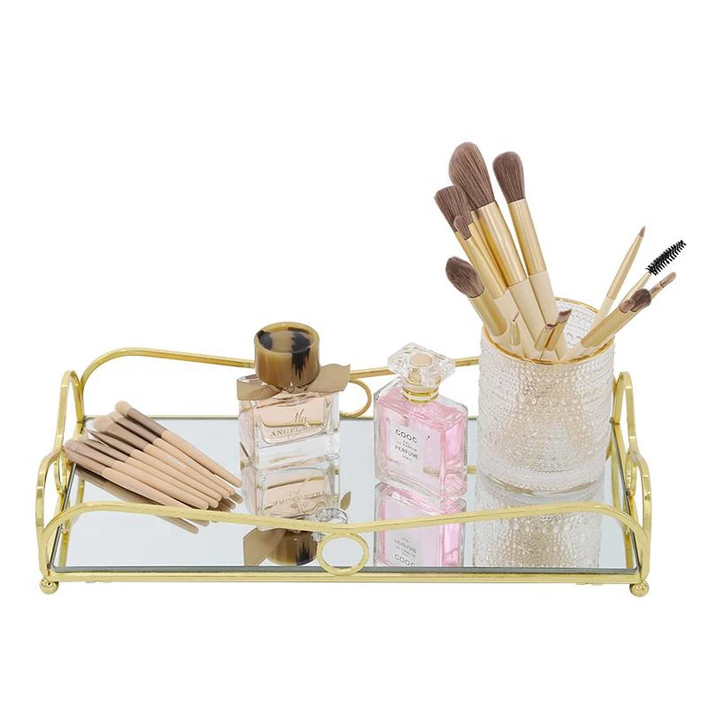 Gold Mirror Vanity Tray Large Perfume Glass Metal Makeup Decorative Rectangle Mirrored Jewelry Organizer for Vanity Bathroom