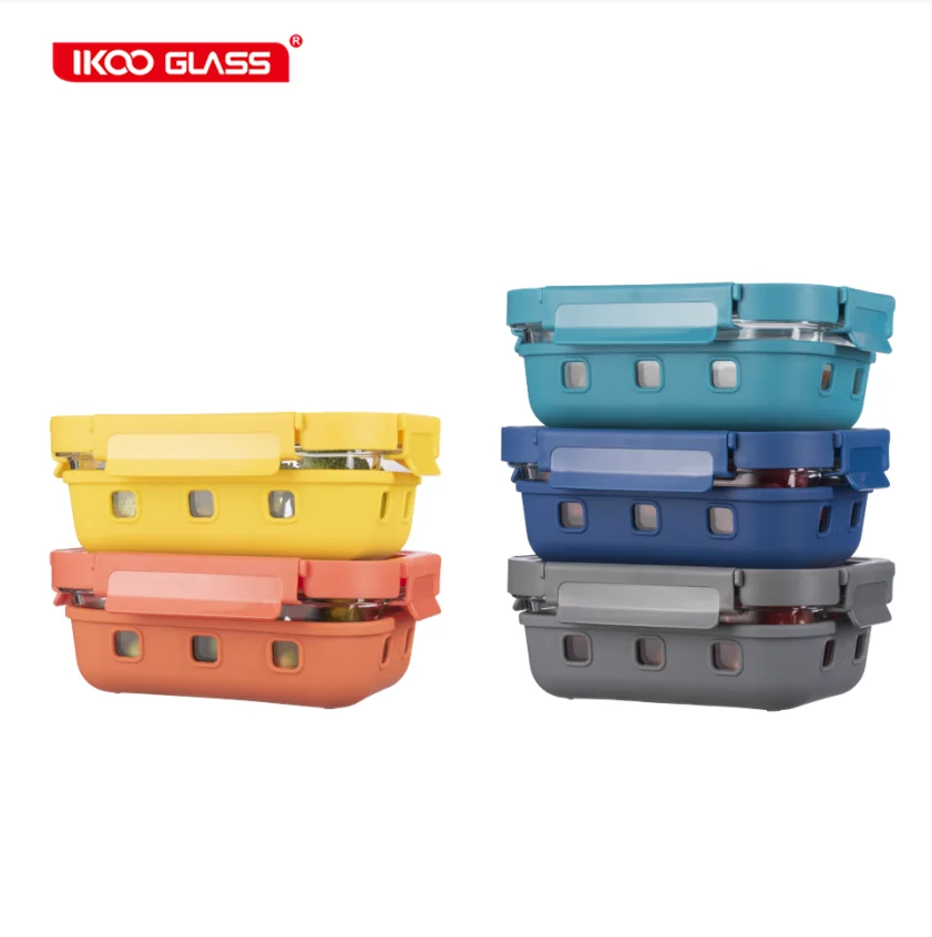 Ikoo Glass Exhibition hot seller glass lid airtight food container with Environmentally friendly silicone sleeve