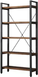 Solid Wood Metal Vintage Brown 5 Tier Bookshelf