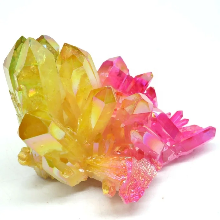 Healing Rose Pink Yellow Titanium Aura Electroplated Quartz Cluster Colourful Crystal Geodes For Decoration