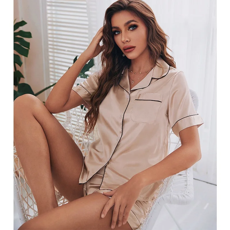 NO MOQ LOGO Custom wholesale summer silk satin pajama set for women