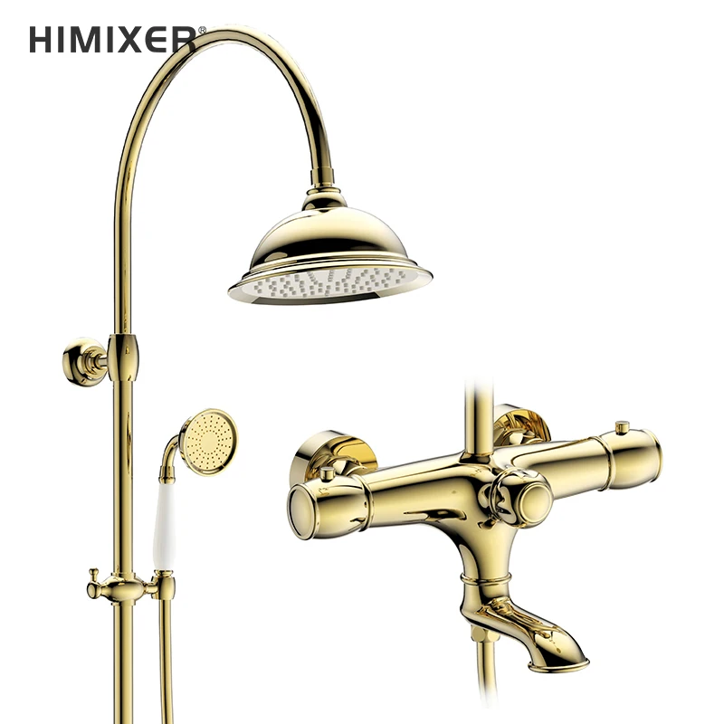 HIMIXER classical gold shower set colonne de douche exposed in wall  thermostatic shower mixer 3 ways brass   bath shower faucet