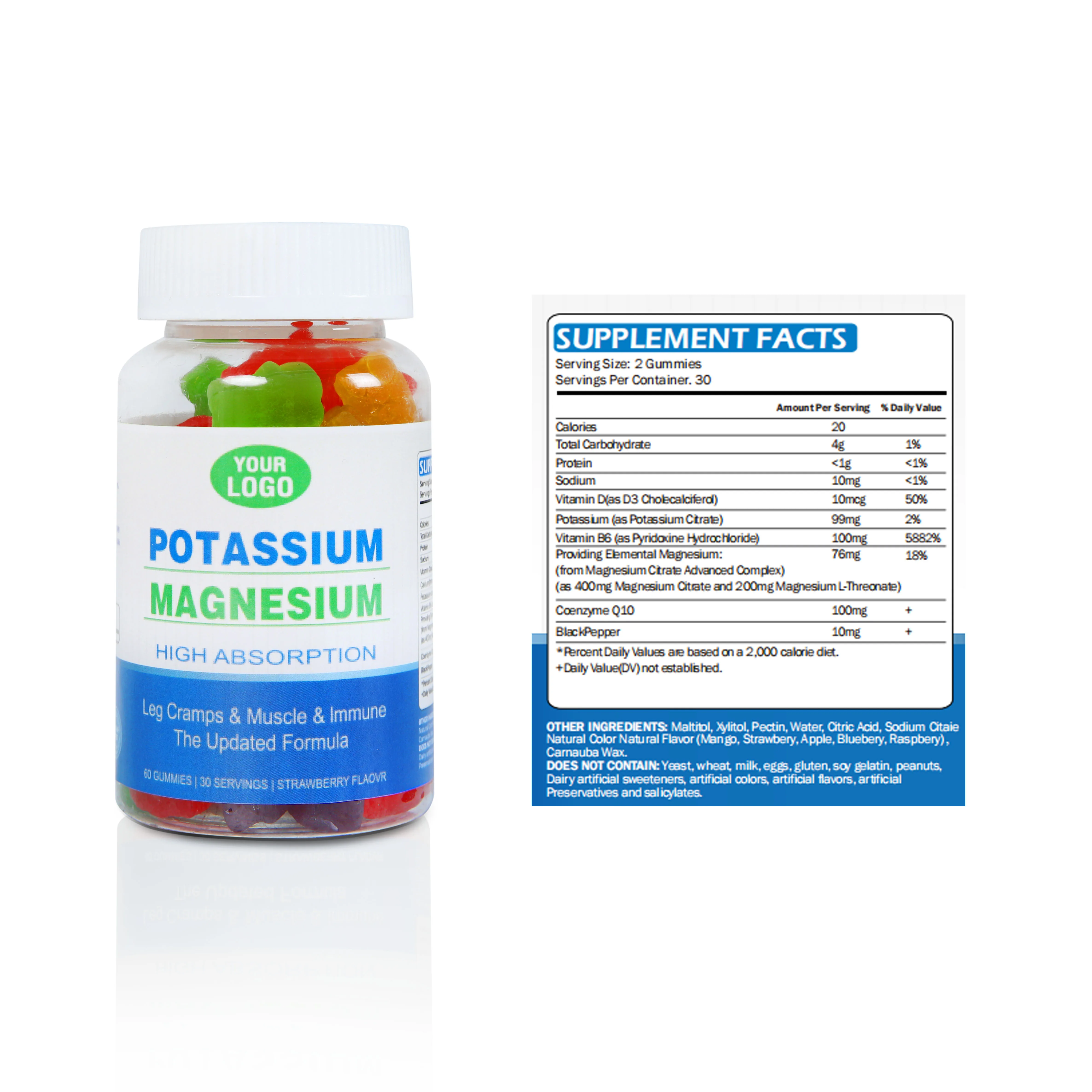 Custom Label Dietary supplement Vitamin D Immune System Vitamin B6 Promotes muscle relaxation  Potassium Magnesium Gummies