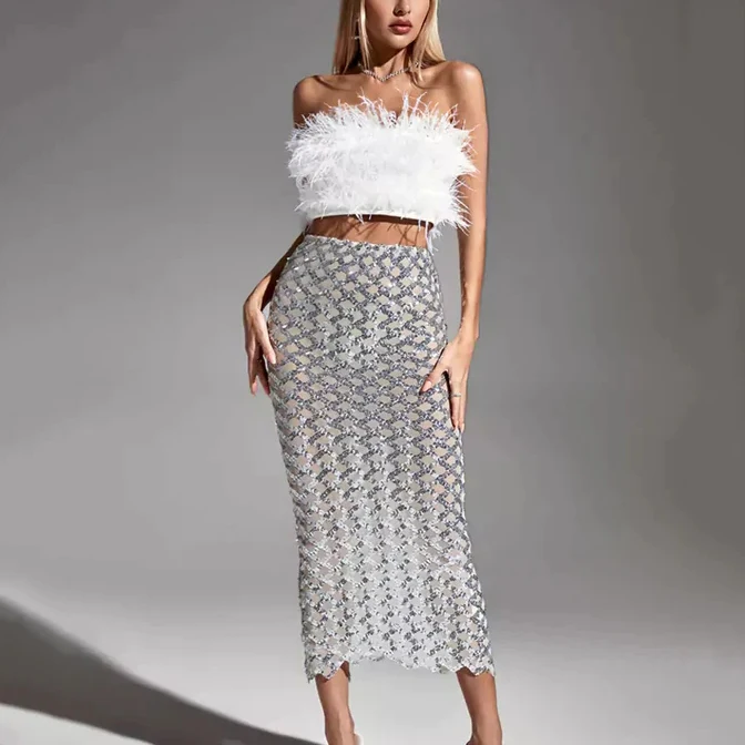 High quality luxury semi transparent mesh sequin nightclub skirt set sexy feather bar top party club two pieces of women clothes