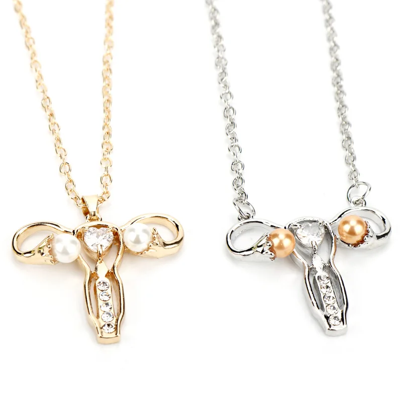 2021 Wholesale Small Order Hot Creative Pearl Zircon Necklace Alloy Uterus Medical Pendant Necklace For Women