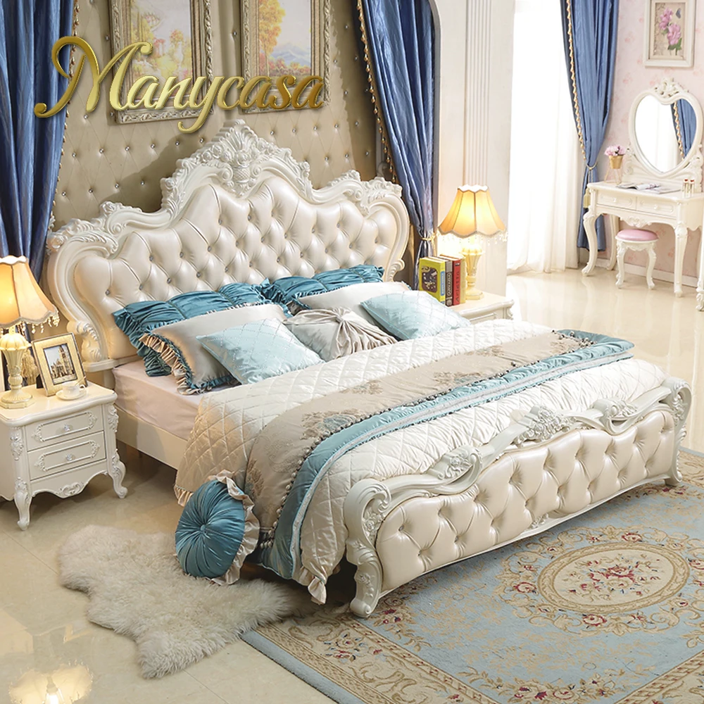 Европейская домашняя мебель, новейшая популярная деревянная резная кожаная двуспальная кровать