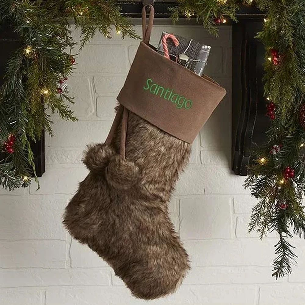 Custom Blank Canvas Santa Sock Lvory Faux Fur Christmas Stockings for Embroidery with Pom Pom