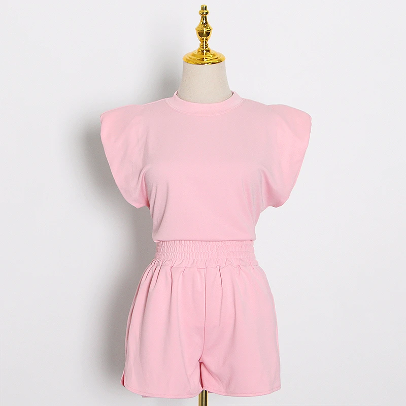 CHICEVER Элегантный женский комплект из двух предметов футболка без рукавов с круглым вырезом топ с высокой талией облегающие шорты Повседневный костюм модная одежда