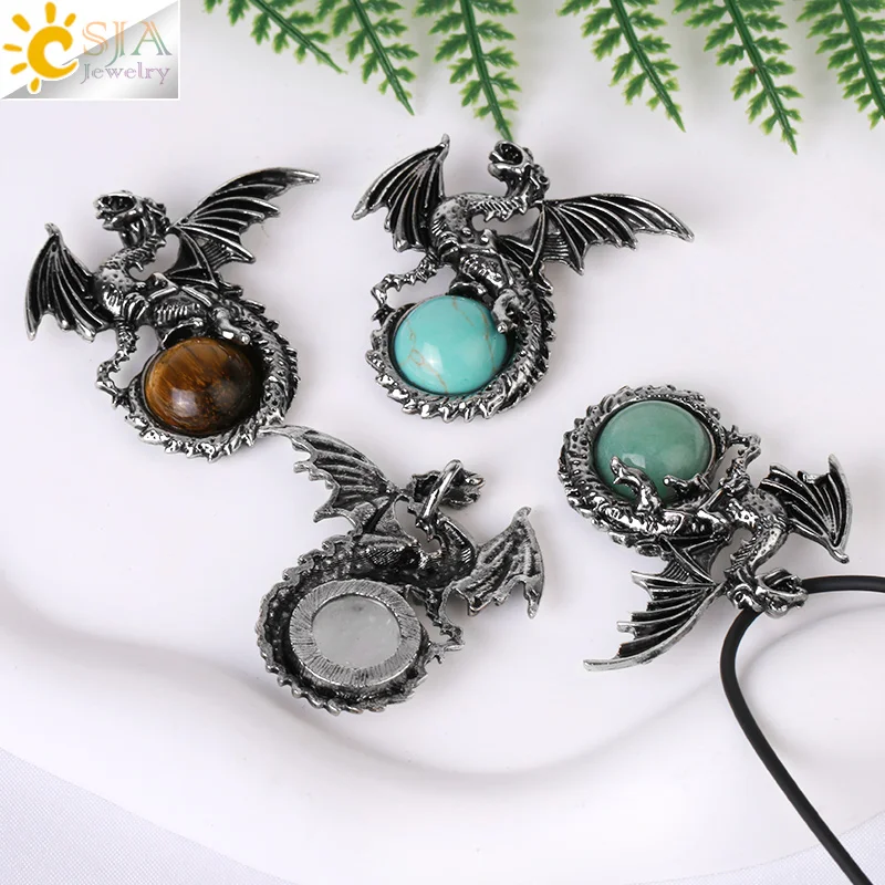 CSJA Vintage Jewelry Titanium Steel Dragon Wing Natural Healing Cabochon Stone Animal Pendant Necklace For Men Women H146
