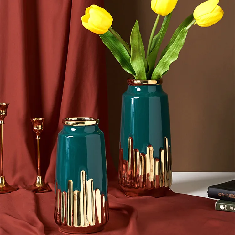 Wholesale home decoration nordic green and gold luxury art ceramic porcelain flower vase for living room