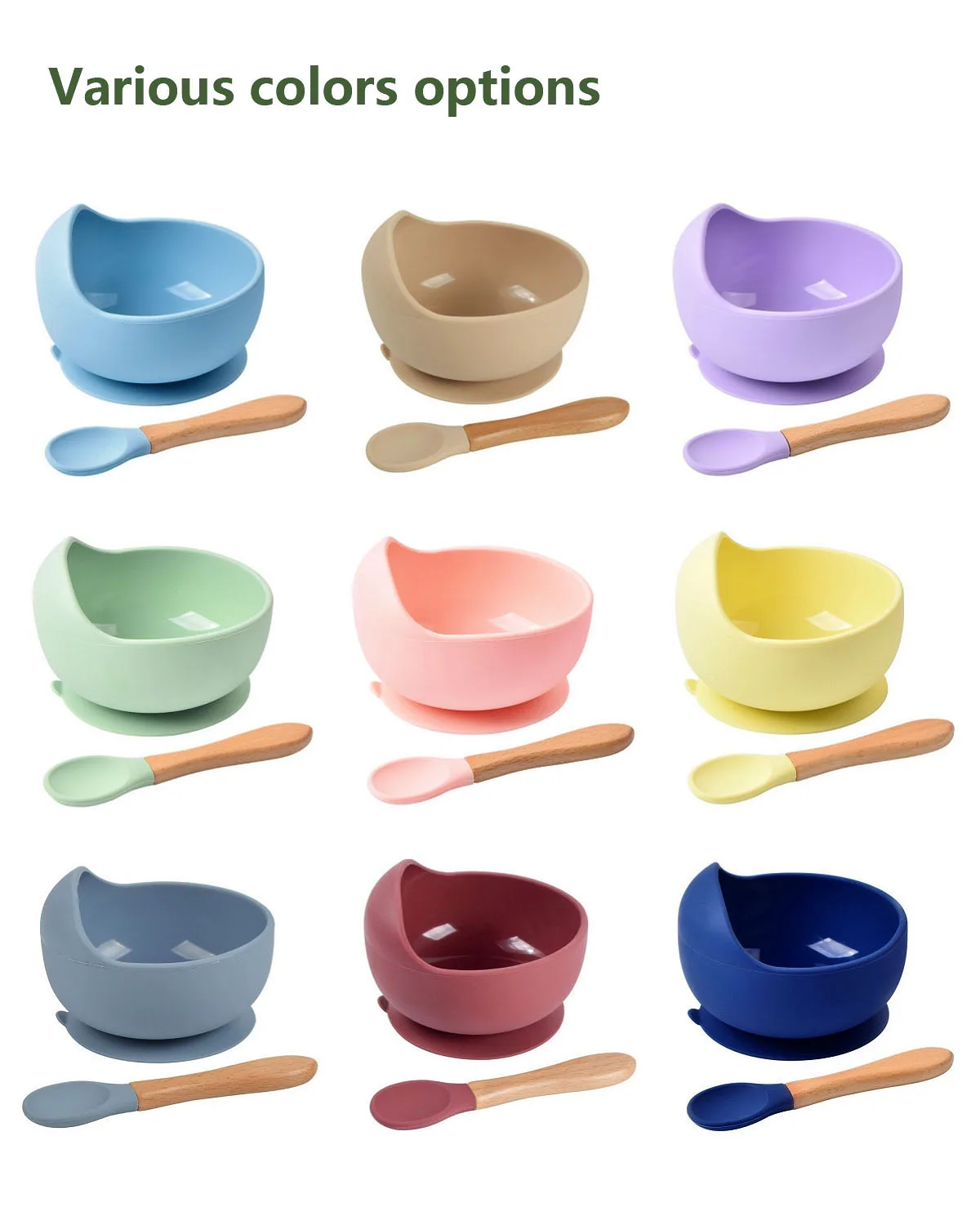 Custom High Quality Food Grade Suction cup design Silicone Baby Snail Bowl with wood handle spoon and fork