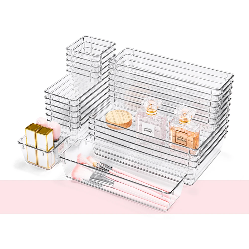 4-Size PET Plastic Clear Drawer Organizers with Silicone Pads