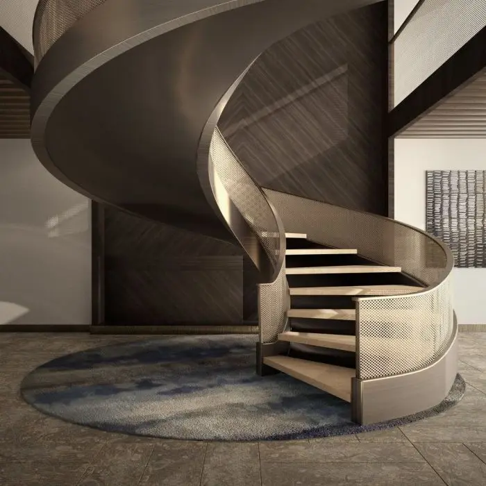 High Quality Modern Indoor Curved Staircase Interior ceramic stair step curved Stairs with Glass Railing stairs for small houses